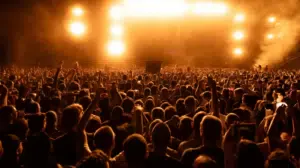 folla di persone che partecipa a un concerto con luci di scena 