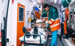 operatore sanitario assiste un paziente dentro l'ambulanza