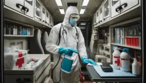 operatore sanitario sta sanificando l'interno di un'ambulanza